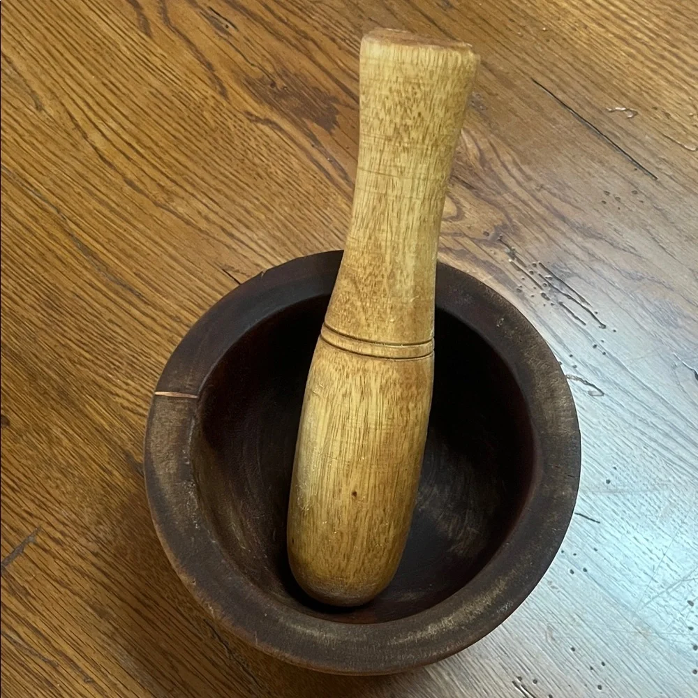 Vintage Solid Wood Mortar and Pestle Set Rustic Cabin Kitchen Decor 6”